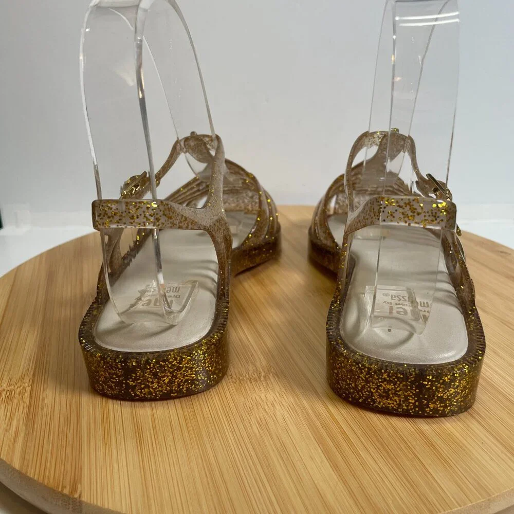 Mel by Melissa Girls 4 Gold Glitter Aranha Quadrada Sandals Square Toe Strappy